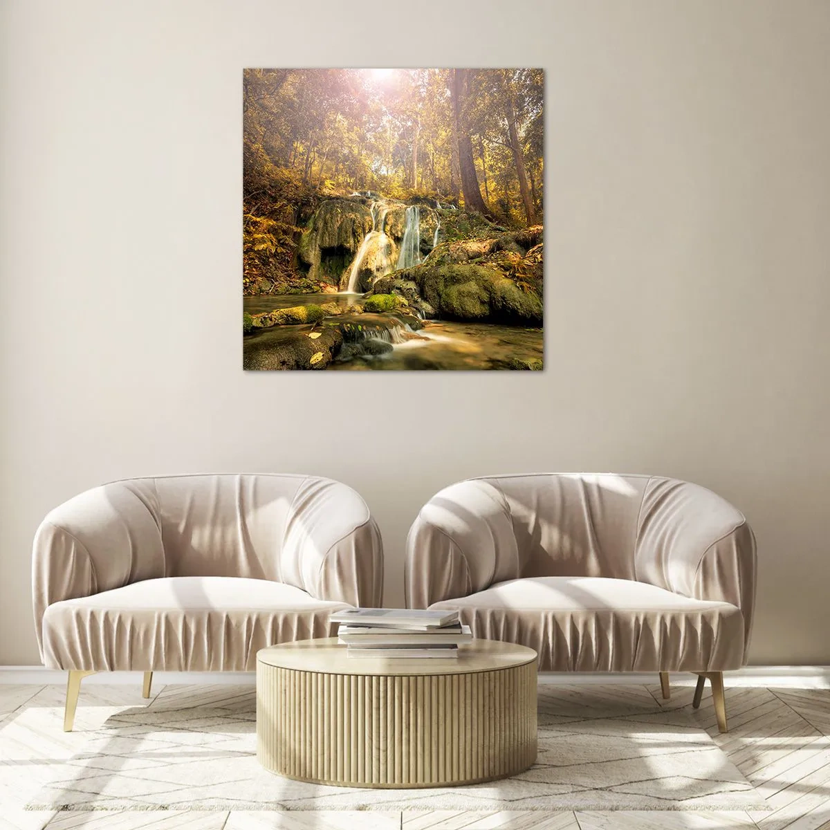 Obraz na skle - Lesní vodopád v zelené - 40x40 cm