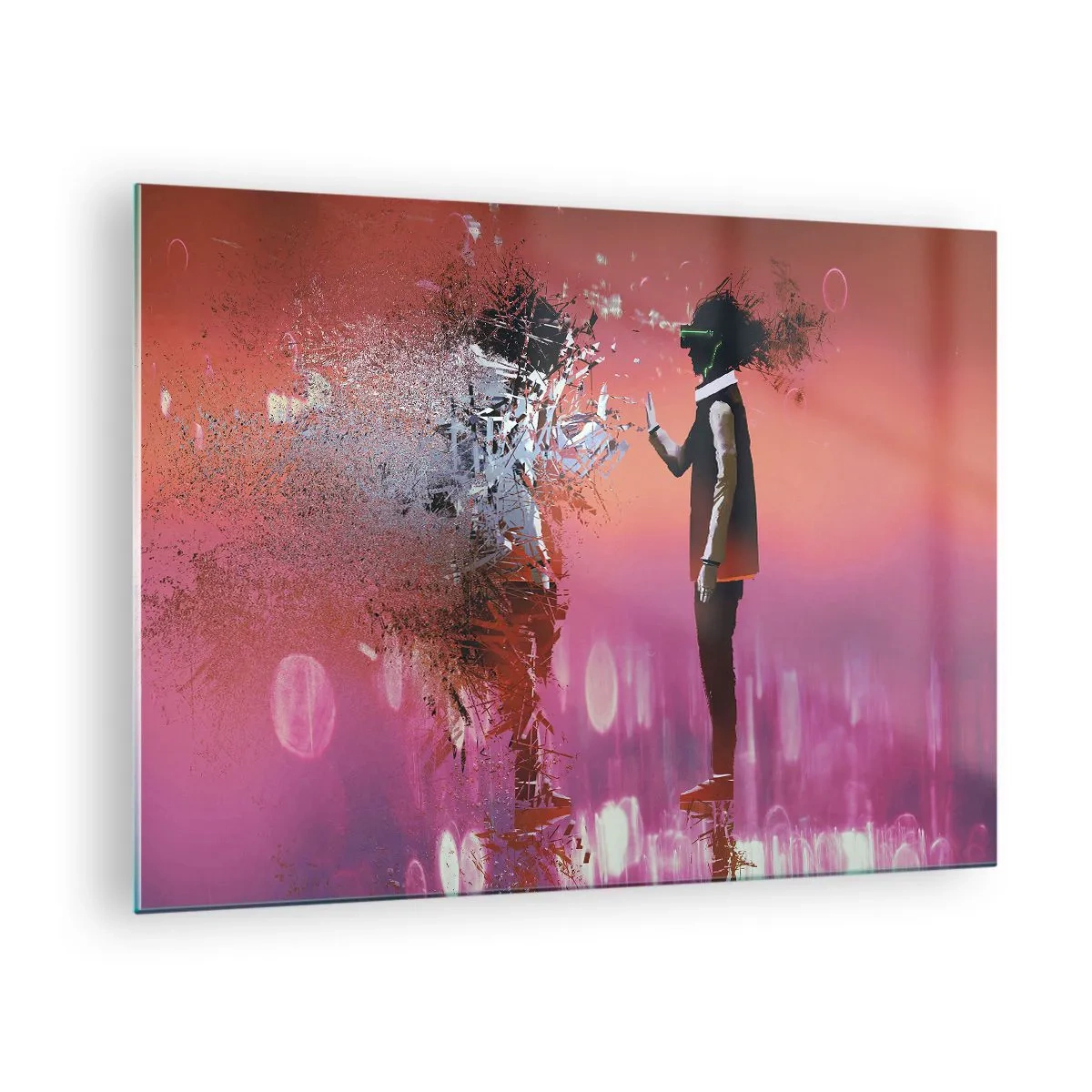 Obraz na skle - Postava ve virtuální realitě s rozptylujícím stínem - 70x50cm - Lze nahlédnut do sebe? - Moderní nástěnná dekorace do obývacího pokoje a ložnice ARTTOR