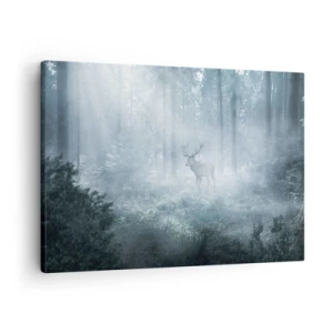 Obraz na plátně - Jelen v hustém lese zahalený v ranní mlze - 70x50cm - Ranní obchůzka sídliště - Moderní nástěnná dekorace do obývacího pokoje a ložnice ARTTOR
