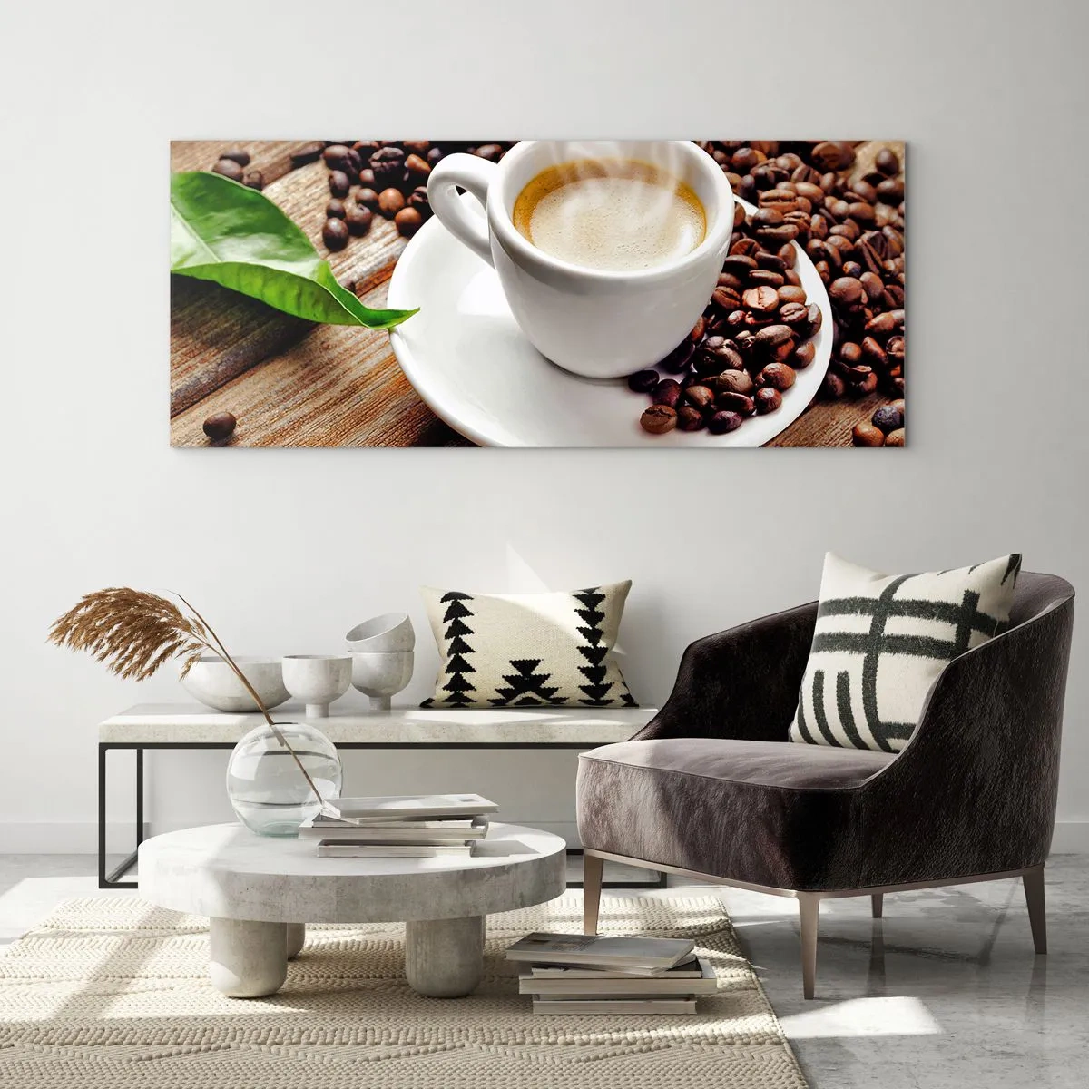 Obraz na skle - Káva na lavici - 100x40 cm