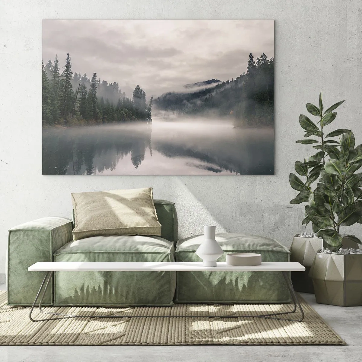 Obraz na skle - Ranní pohled na jezero v lese, zahalené v mlze - 70x50cm - V zamyšlení, v mlze - Moderní nástěnná dekorace do obývacího pokoje a ložnice ARTTOR