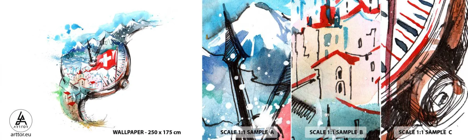 Fototapeta Vzorek Standard Eco - Duch Švýcarska - Abstrakce, Švýcarské hodinky, Alpy - 100x30 cm