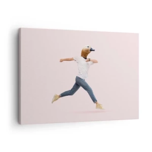 Obraz na plátně - Surrealistická postava s kachní hlavou v pohybu - 70x50cm - Špetka absurdity - Moderní nástěnná dekorace do obývacího pokoje a ložnice ARTTOR