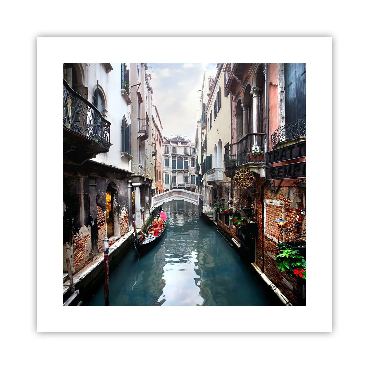 Plakát - Benátská krajina s gondolou a můstkem - 40x40 cm