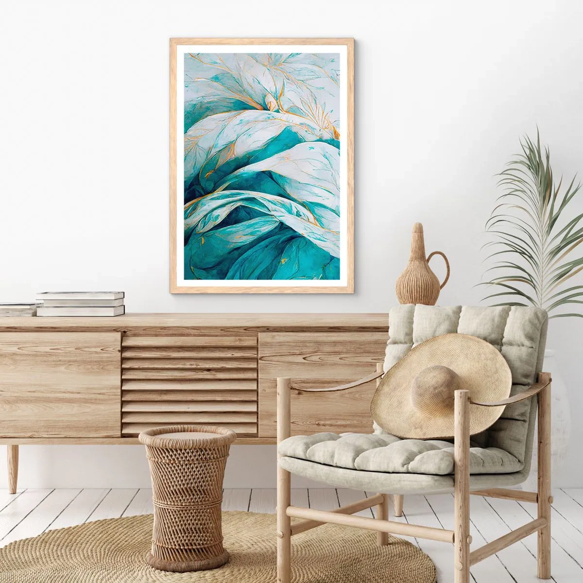 Plakát v rámu světlý dub - Modrá abstrakce se zlatým motivem - 61x91 cm