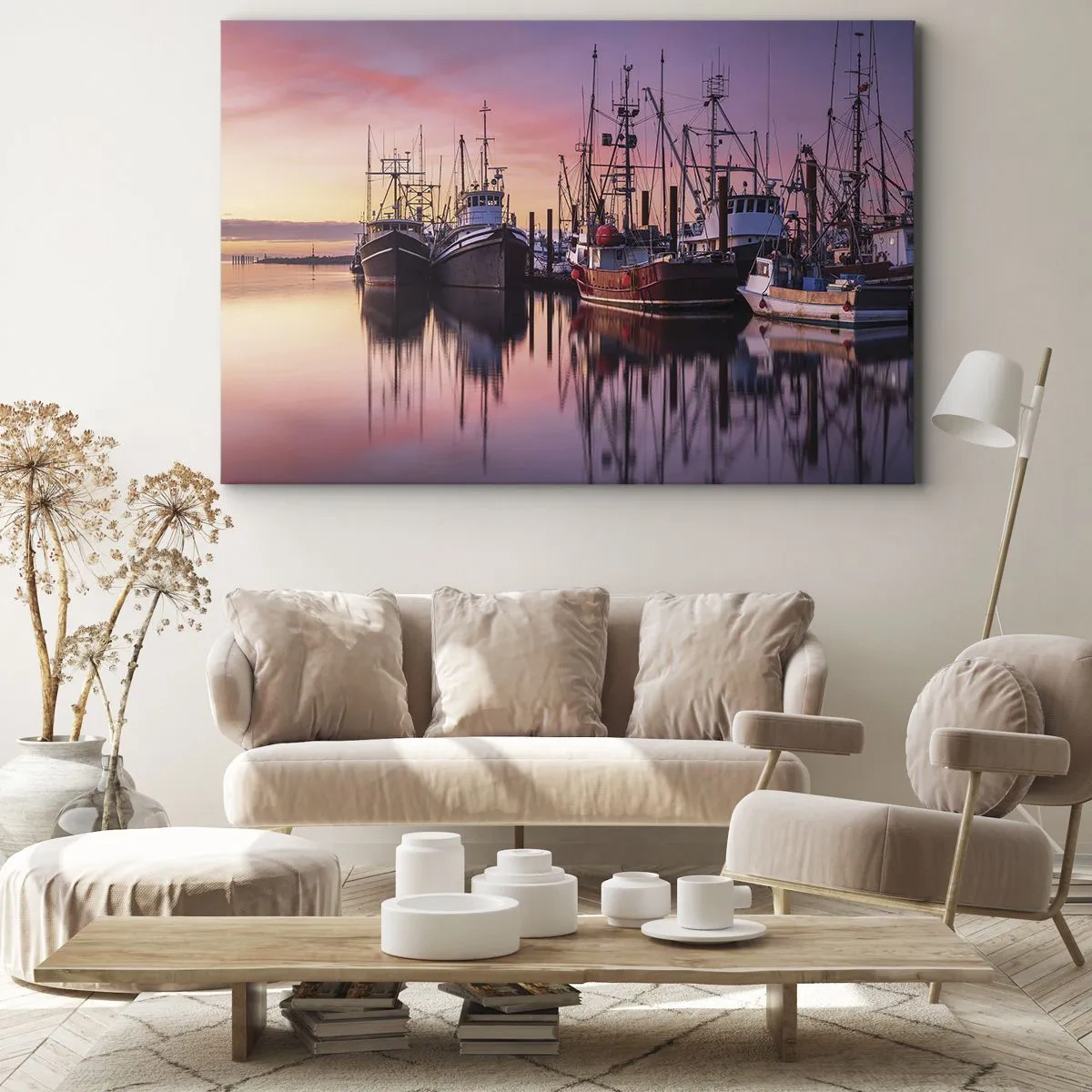 Obraz na plátně - Rybářské lodě v přístavu při západu slunce - 70x50cm - Před dalším dnem - Moderní nástěnná dekorace do obývacího pokoje a ložnice ARTTOR