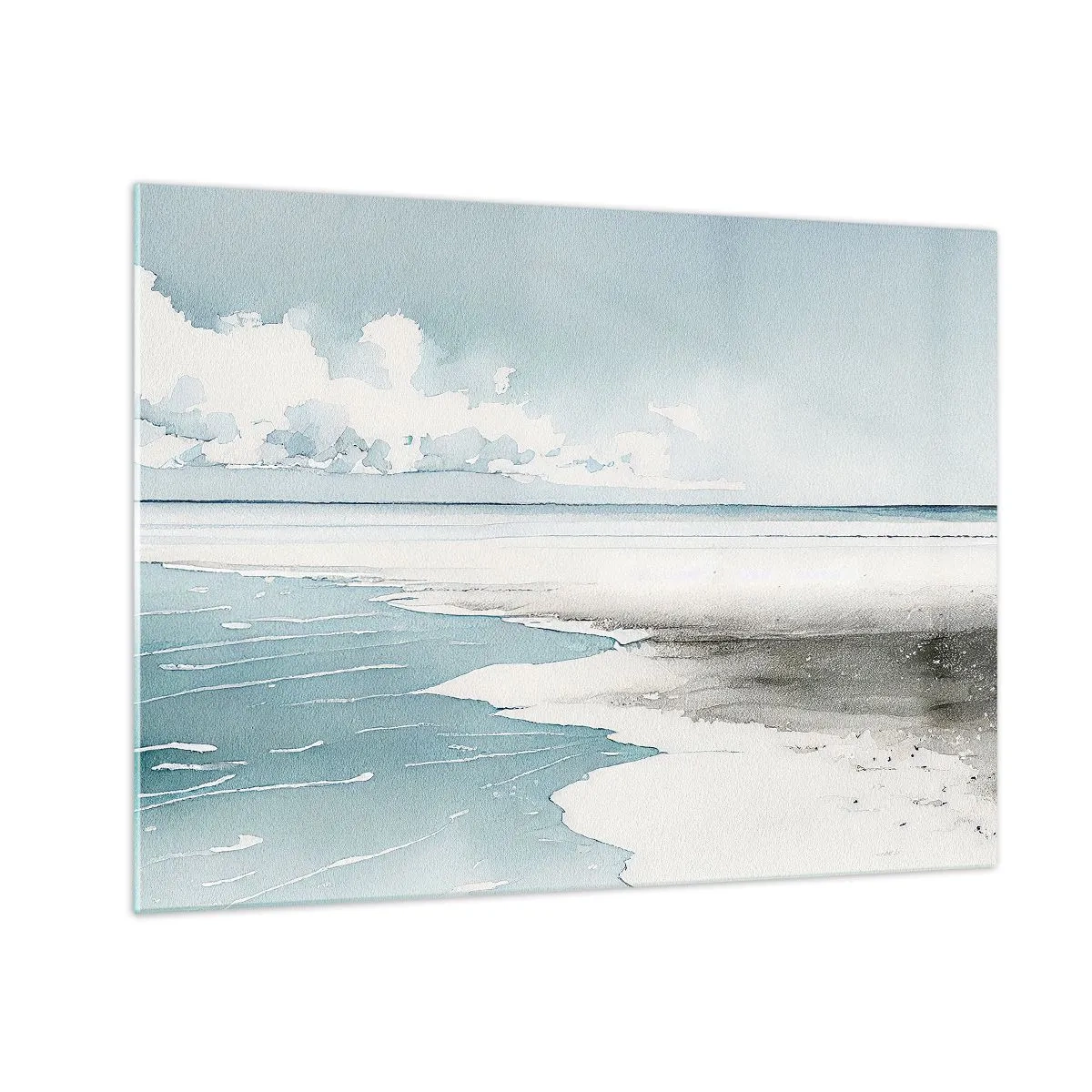 Obraz na skle - Klidná přímořská krajina v akvarelovém stylu v odstínech modré. - 70x50cm - Jemný příliv - Moderní nástěnná dekorace do obývacího pokoje a ložnice ARTTOR