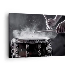 Obraz na plátně - Údery paličkami do malého bubnu s efektem prachu - 70x50cm - Puls hudby - Moderní nástěnná dekorace do obývacího pokoje a ložnice ARTTOR