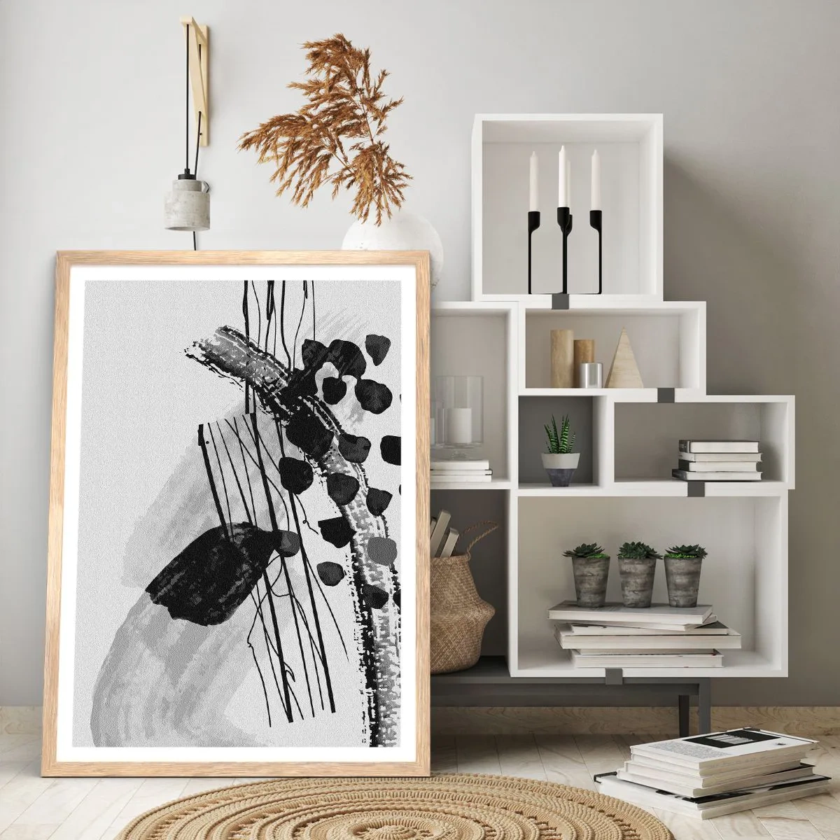 Plakát v rámu světlý dub - Černobílá organická abstrakce - 70x100 cm