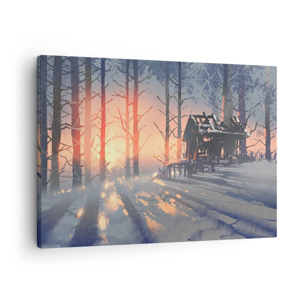 Obraz na plátně - Lesní chata v zimní krajině s paprsky zapadajícího slunce - 70x50cm - Dívá se tu jenom slunce - Moderní nástěnná dekorace do obývacího pokoje a ložnice ARTTOR