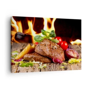 Obraz na plátně - Grilovaný steak s přílohami na pozadí plamenů - 70x50cm - Vykouzlené žárem - Moderní nástěnná dekorace do obývacího pokoje a ložnice ARTTOR