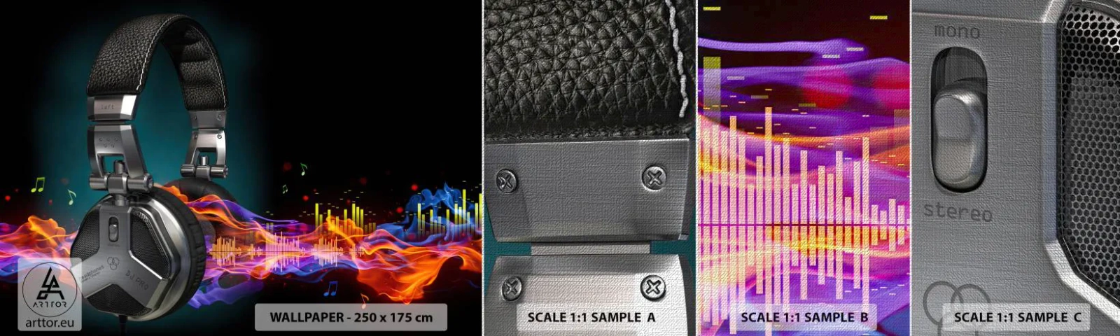 Vzor Fototapety Premium Canvas - V ohni hudby - Abstrakce, Hudba, Sluchátka - 100x30 cm