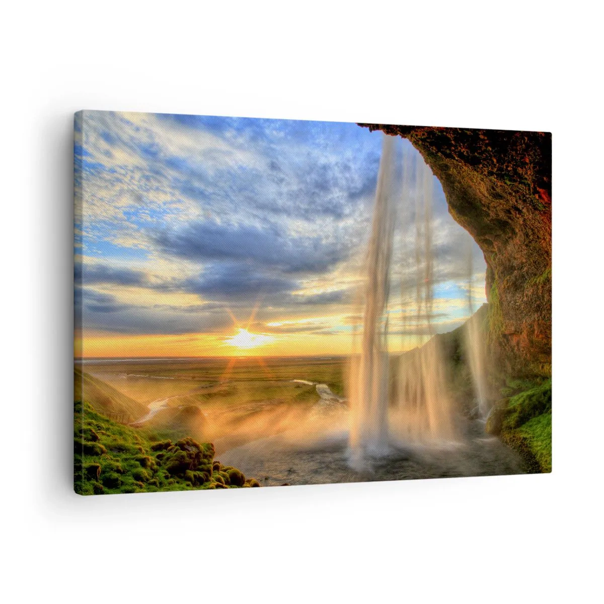 Obraz na plátně - Vodopád osvětlený slunečním světlem na pozadí krajiny - 70x50cm - Svět za závojem kapek - Moderní nástěnná dekorace do obývacího pokoje a ložnice ARTTOR