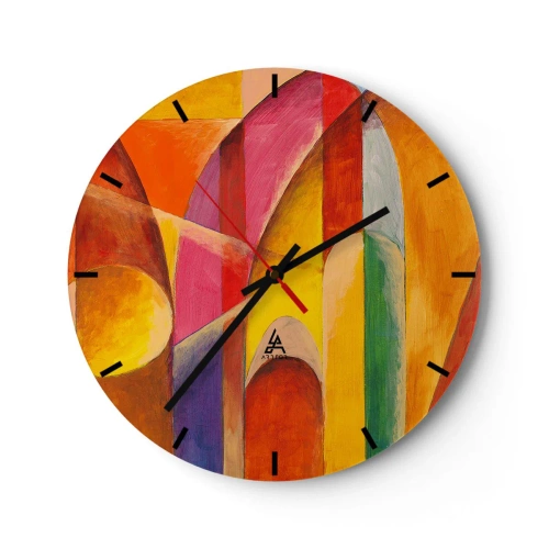 Nástěnné hodiny - Barevná abstrakce s geometrickými tvary - 30x30cm - Katedrála slunce - Moderní nástěnná dekorace do obývacího pokoje, kuchyně a ložnice ARTTOR