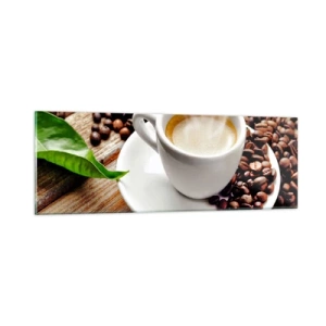 Obraz na skle - Káva na lavici - 90x30 cm
