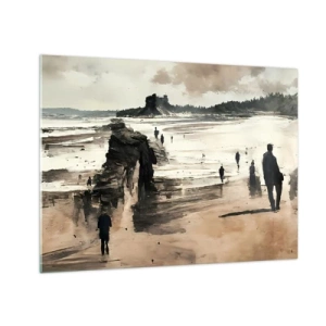 Obraz na skle - Siluety kráčející po široké pláži pod zataženou oblohou - 70x50cm - Vyvolaní - Moderní nástěnná dekorace do obývacího pokoje a ložnice ARTTOR