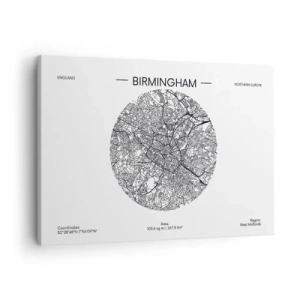 Obraz na plátně - Minimalistická černobílá mapa Birminghamu s přesnými detaily. - 70x50cm - Anatomie Birminghamu - Moderní nástěnná dekorace do obývacího pokoje a ložnice ARTTOR