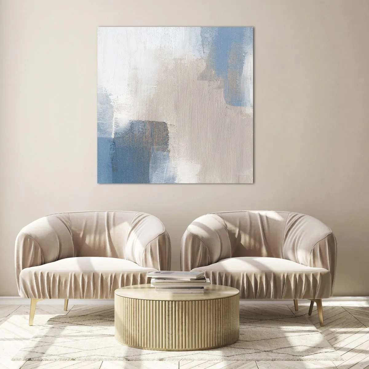 Obraz na skle - Růžová abstrakce za modrým závojem - 70x70 cm