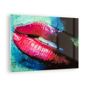 Obraz na skle - Červené rty na pozadí intenzivních barev - 70x50cm - Smyslné a znepokojivé - Moderní nástěnná dekorace do obývacího pokoje a ložnice ARTTOR