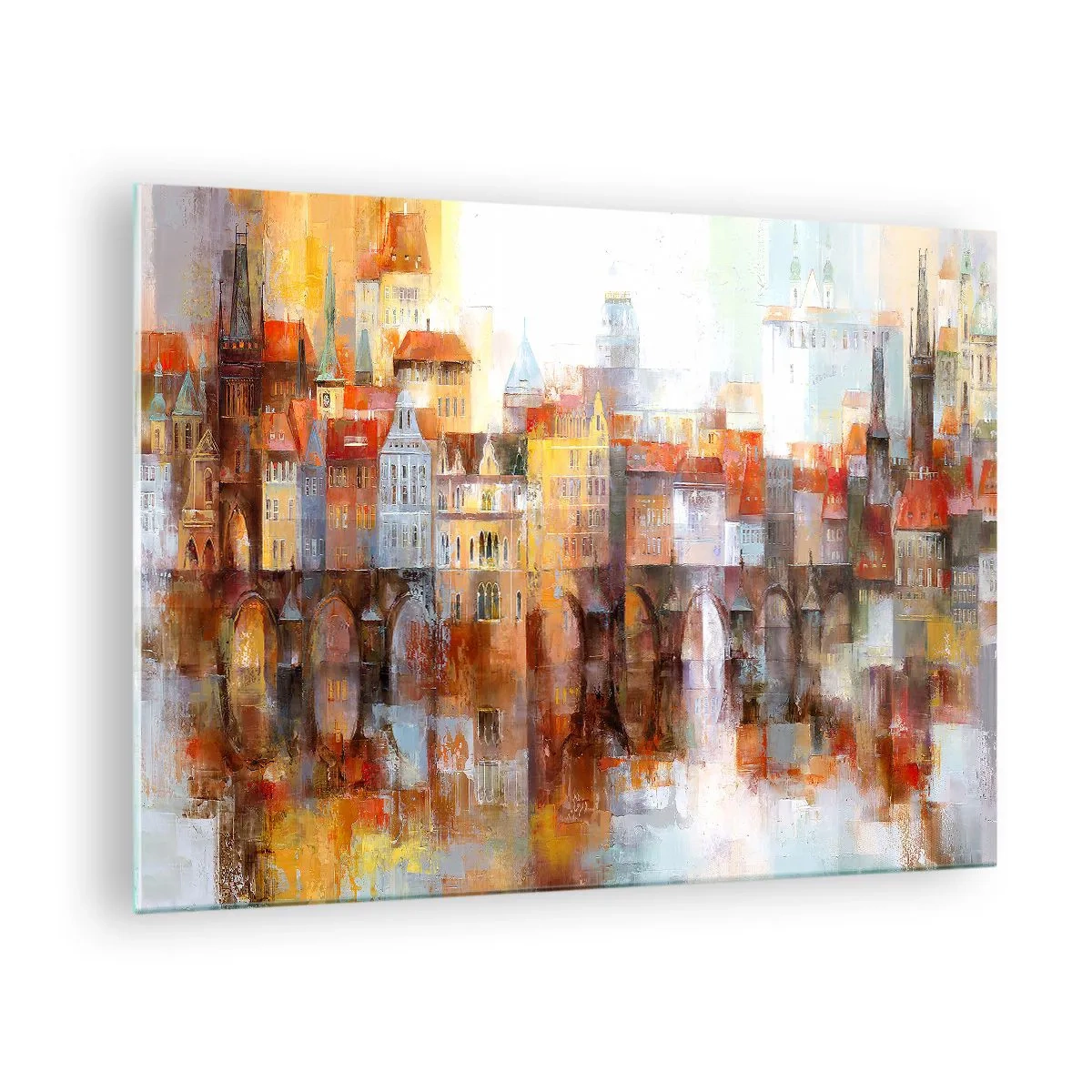 Obraz na skle - Barevné panorama města s mostem a odrazem ve vodě - 70x50cm - Pod mostem je taky krásně - Moderní nástěnná dekorace do obývacího pokoje a ložnice ARTTOR