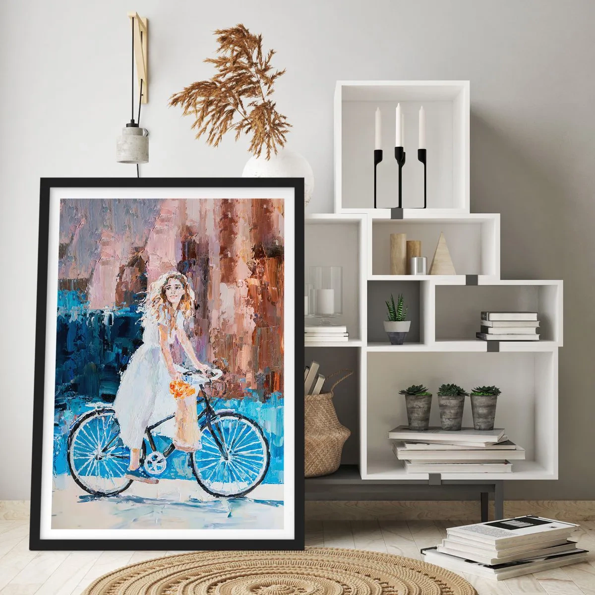 Plakát v černém rámu - Impresionistická scéna s cyklistou - 50x70cm - Ranní radost - Moderní nástěnná dekorace do obývacího pokoje a ložnice ARTTOR
