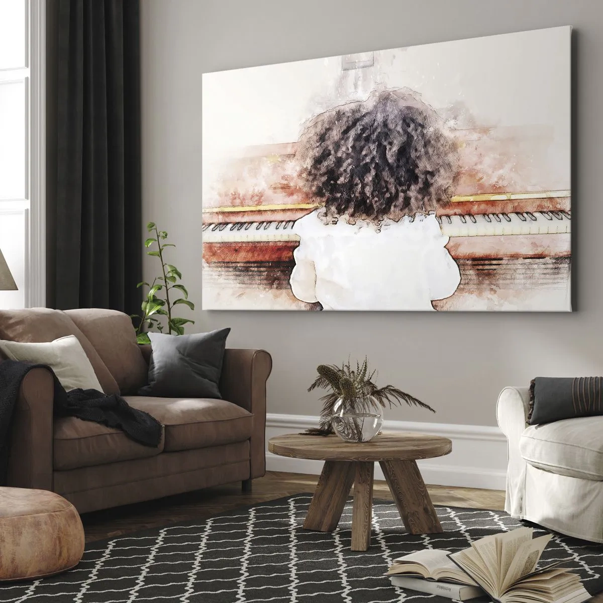 Obraz na plátně - Dívka s hustými vlasy u klavíru - 70x50cm - V novém světě - Moderní nástěnná dekorace do obývacího pokoje a ložnice ARTTOR