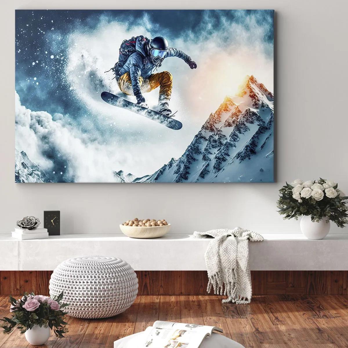 Obraz na plátně - Snowboardista letí nad zasněženými horami - 70x50cm - Extrémní emoce - Moderní nástěnná dekorace do obývacího pokoje a ložnice ARTTOR