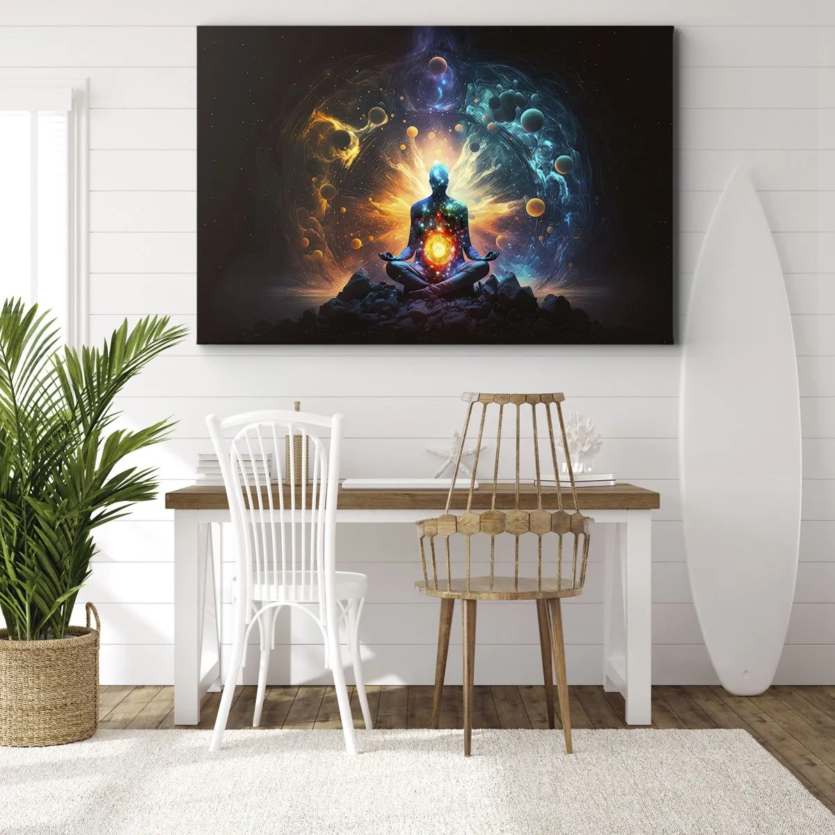 Obraz na plátně - Postava v meditaci obklopená kosmickou aurou - 70x50cm - Vesmírný klid - Moderní nástěnná dekorace do obývacího pokoje a ložnice ARTTOR