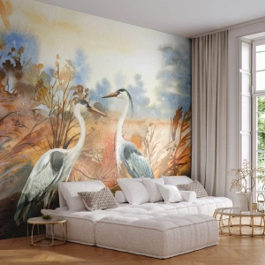 Fototapeta Standard Eco - Dvě volavky v podzimní krajině namalované akvarelem - 100x70cm - Kam na podzim? - Moderní nástěnná dekorace do obývacího pokoje a ložnice ARTTOR