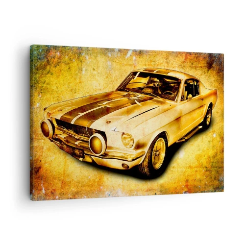 Obraz na plátně - Klasické retro sportovní auto na vintage pozadí ve zlatých tónech - 70x50cm - Šílená 70. léta - Moderní nástěnná dekorace do obývacího pokoje a ložnice ARTTOR
