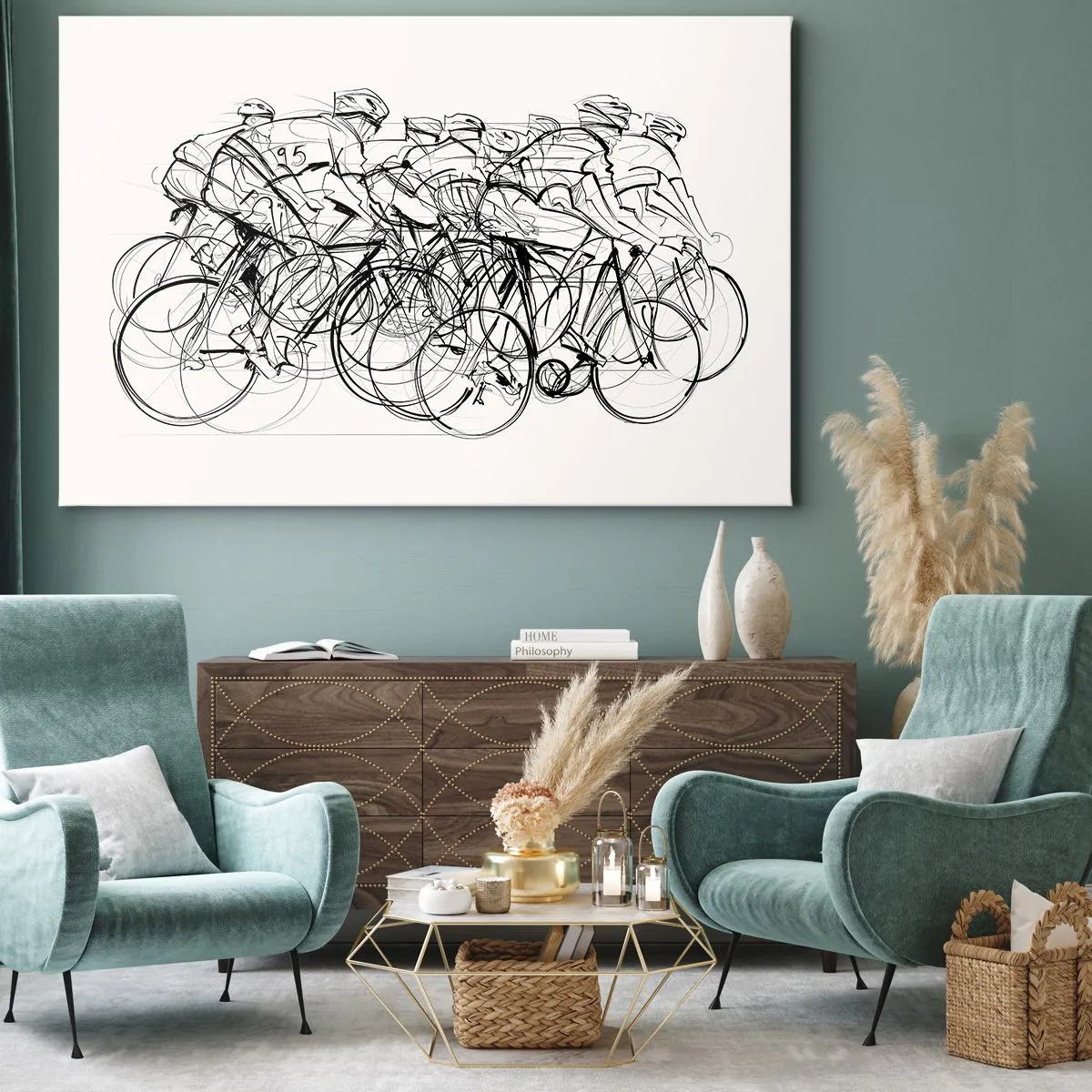 Obraz na plátně - Skupina cyklistů v pohybu v minimalistickém stylu - 70x50cm - Společně v týmu - Moderní nástěnná dekorace do obývacího pokoje a ložnice ARTTOR