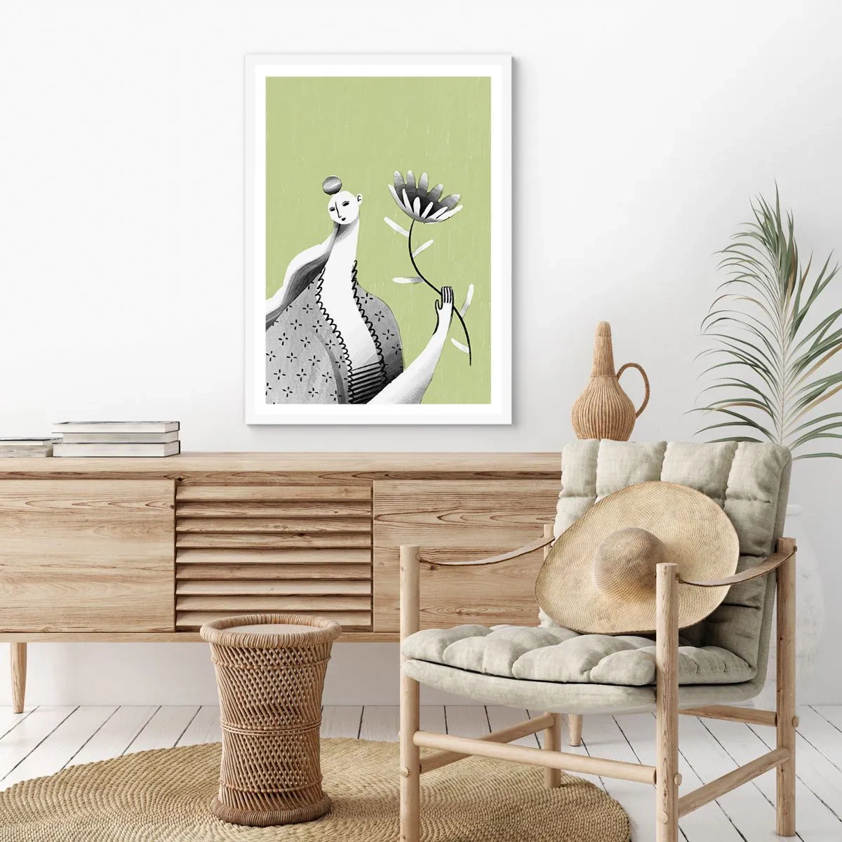 Plakát v bílém rámu - Modernistický portrét – držící květinu - 61x91 cm