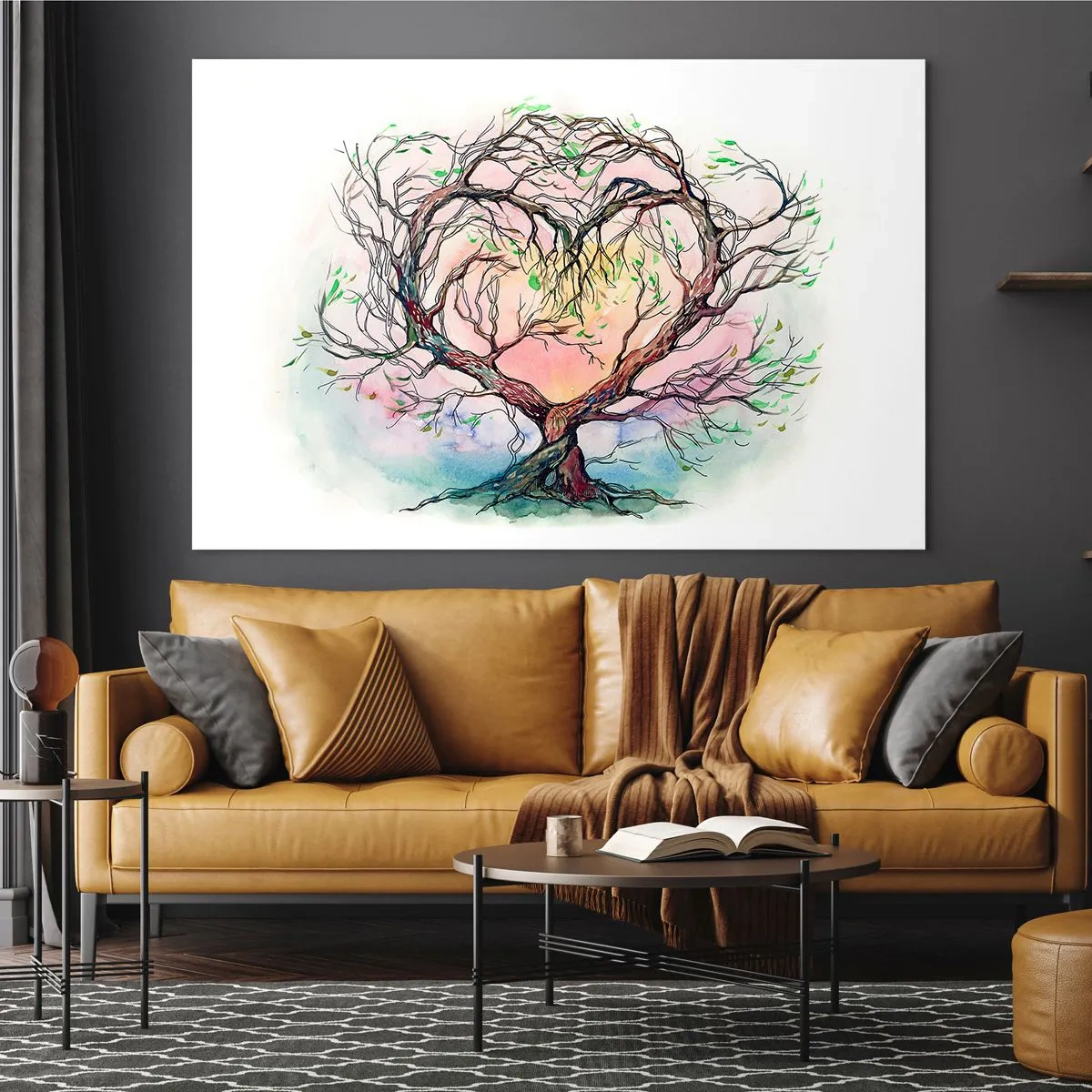 Obraz na skle - Strom ve tvaru srdce s barevným pastelovým pozadím - 70x50cm - Společně proti vichřicím - Moderní nástěnná dekorace do obývacího pokoje a ložnice ARTTOR