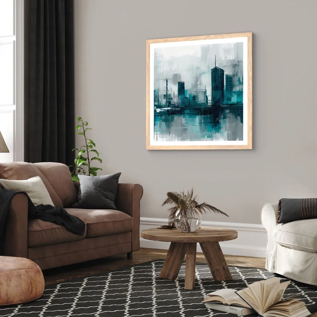 Plakát v rámu světlý dub - Město v barvě deště - 40x40 cm