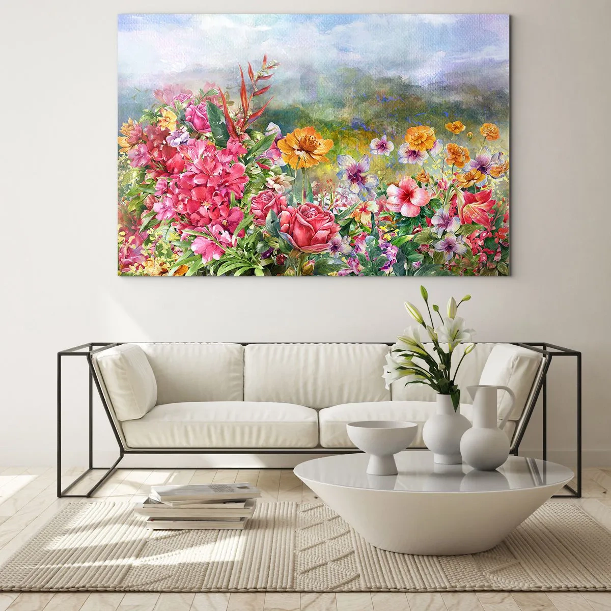 Obraz na skle - Kytice barevných květin na pozadí malebné krajiny - 70x50cm - Zahrada, která se zbláznila - Moderní nástěnná dekorace do obývacího pokoje a ložnice ARTTOR
