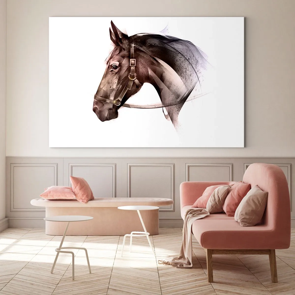 Obraz na skle - Portrét koně v uměleckém stylu na bílém pozadí - 70x50cm - To je ale půvab - Moderní nástěnná dekorace do obývacího pokoje a ložnice ARTTOR