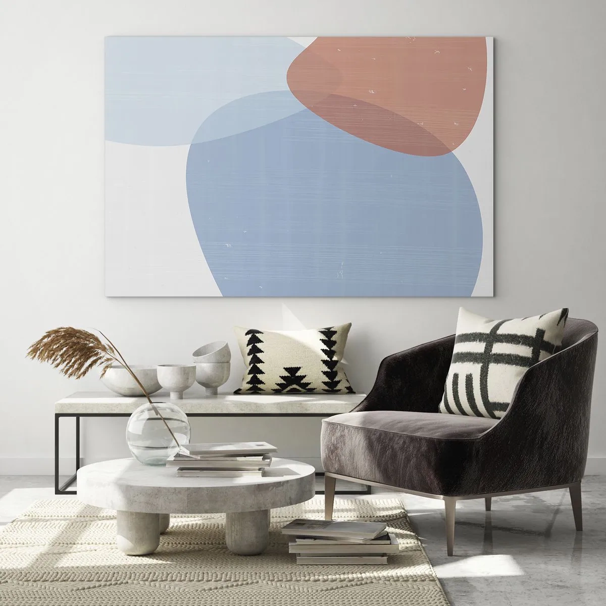 Obraz na skle - Moderní abstrakce s modrými a růžovými tvary - 70x50cm - Pastelové vztahy - Moderní nástěnná dekorace do obývacího pokoje a ložnice ARTTOR