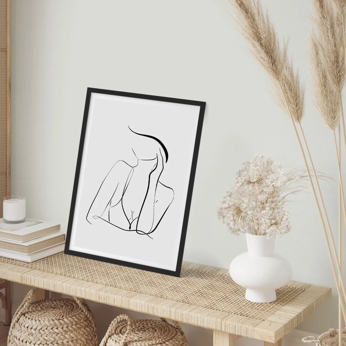 Plakát v černém rámu - Minimalistická linie zobrazující ženskou siluetu - 50x70cm - Na vlně snů - Moderní nástěnná dekorace do obývacího pokoje a ložnice ARTTOR