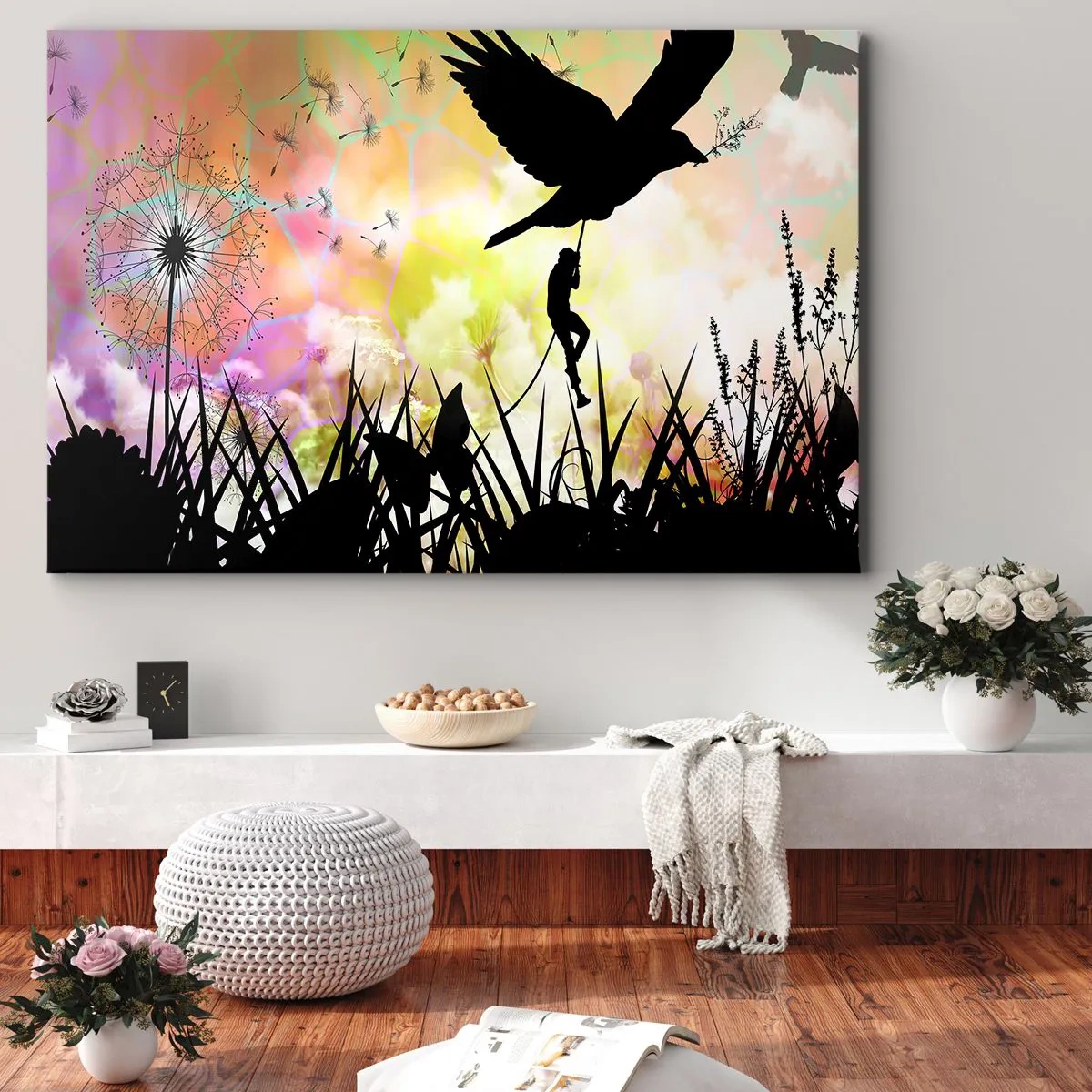 Obraz na plátně - Silueta přírody s ptákem a pampeliškou - 70x50cm - V pohádkové atmosféře - Moderní nástěnná dekorace do obývacího pokoje a ložnice ARTTOR