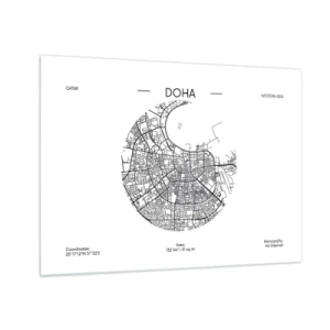 Obraz na skle - Grafická mapa Dauhá v minimalistickém černobílém stylu. - 70x50cm - Anatomie Dauhá - Moderní nástěnná dekorace do obývacího pokoje a ložnice ARTTOR