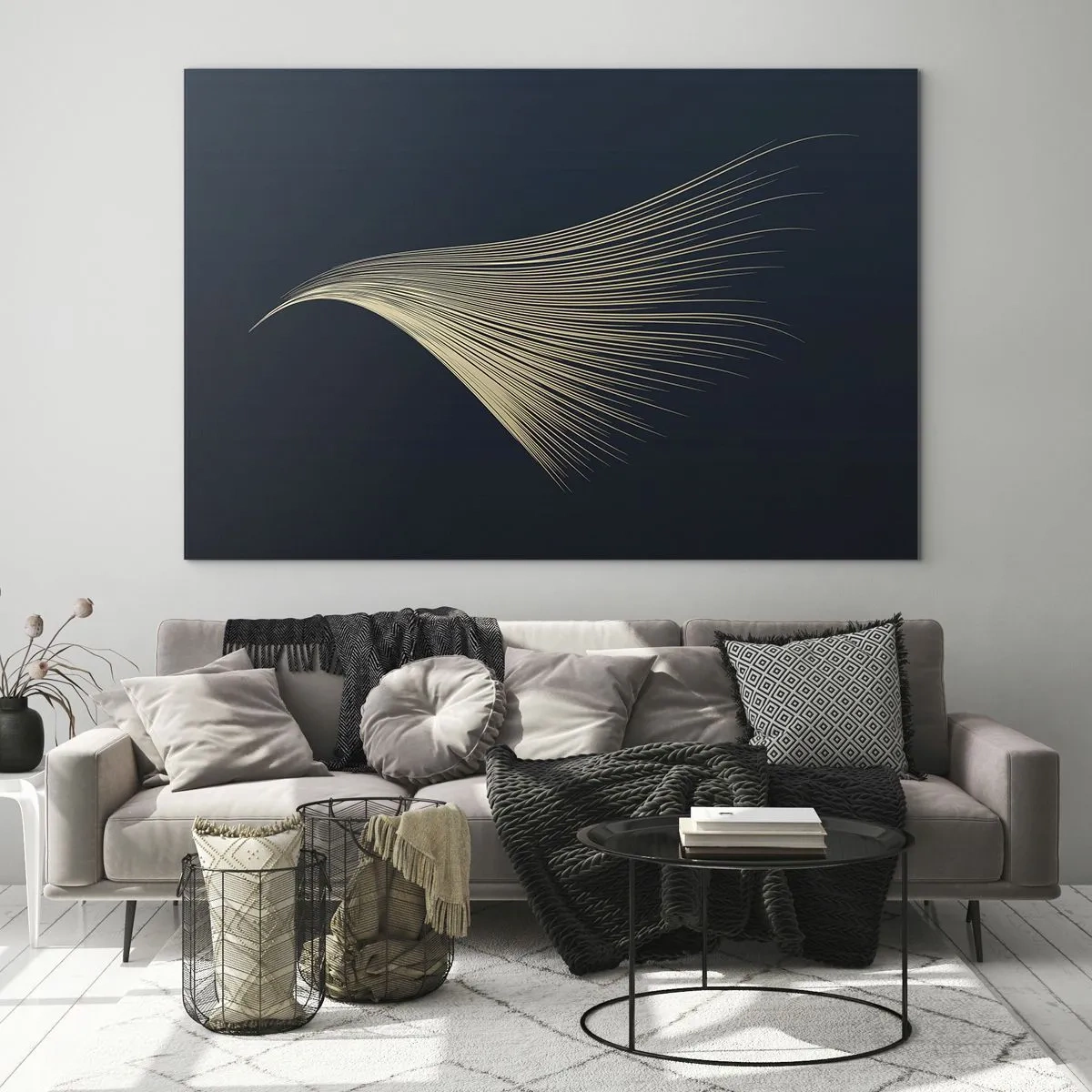 Obraz na skle - Zlatá čára připomínající křídlo na tmavě modrém pozadí - 70x50cm - Jako andělské vlasy - Moderní nástěnná dekorace do obývacího pokoje a ložnice ARTTOR