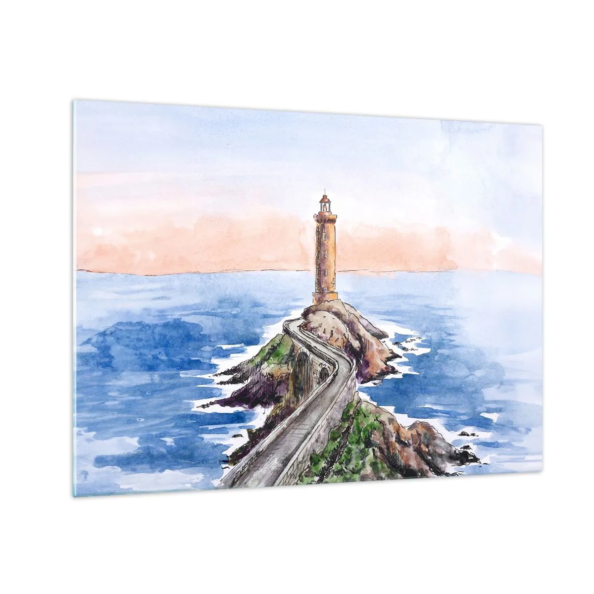 Obraz na skle - Maják na skalnatém ostrohu obklopený klidným mořem - 70x50cm - Tváří v tvář moři - Moderní nástěnná dekorace do obývacího pokoje a ložnice ARTTOR