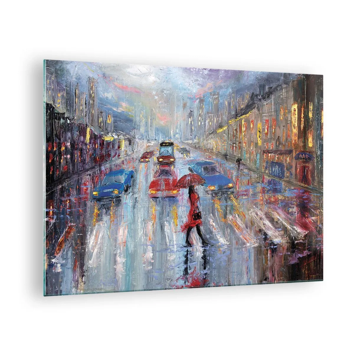 Obraz na skle - Městská scéna v noci s deštěm a barevnými světly - 70x50cm - Deštivé odpoledne ve městě - Moderní nástěnná dekorace do obývacího pokoje a ložnice ARTTOR