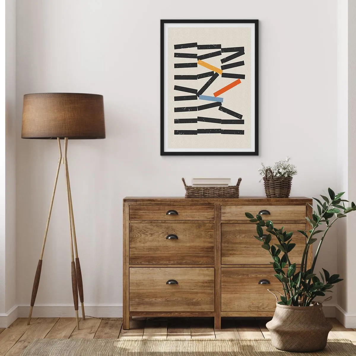 Plakát v černém rámu - Abstraktní geometrická kompozice s barevnými akcenty - 50x70cm - Domino – kompozice - Moderní nástěnná dekorace do obývacího pokoje a ložnice ARTTOR