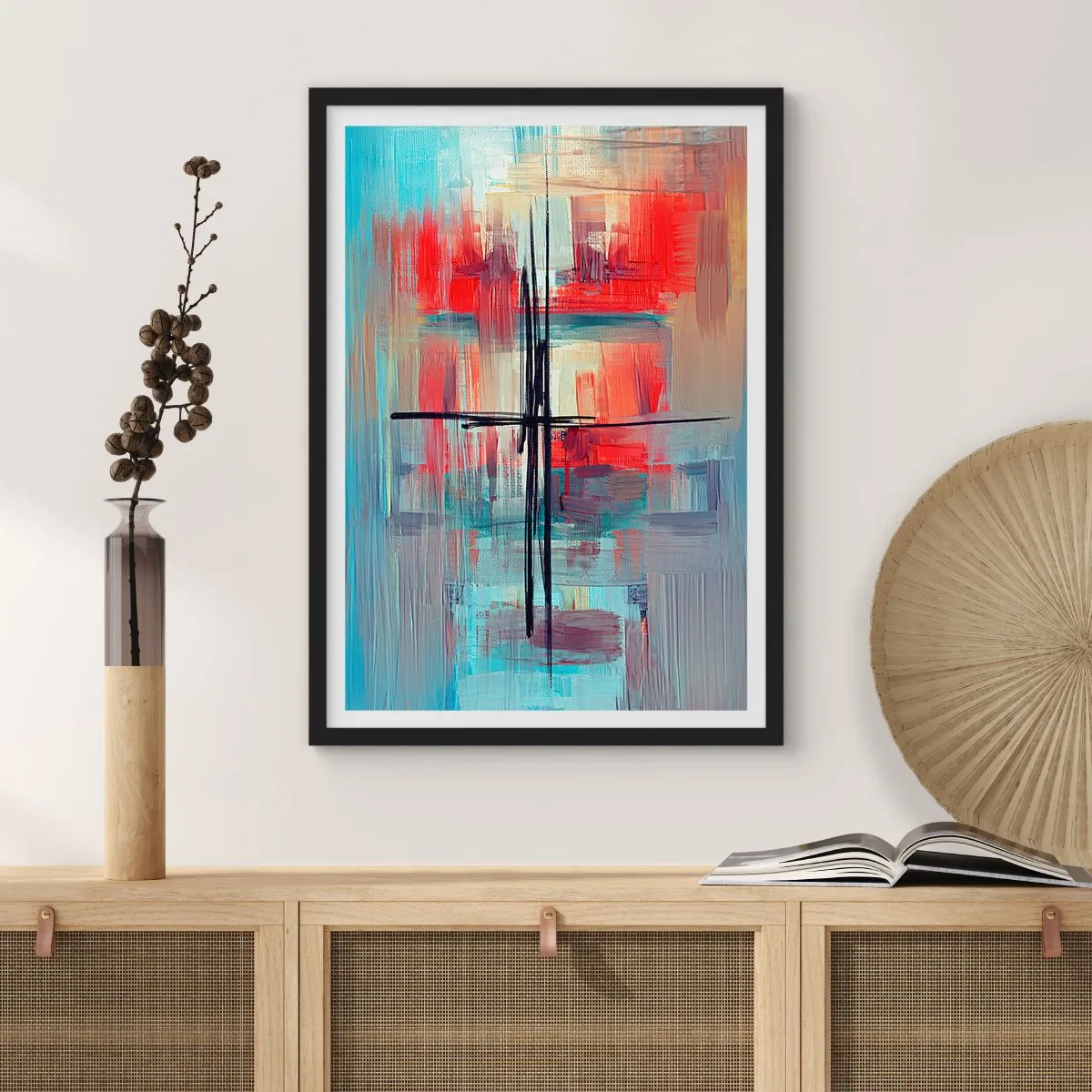 Plakát v černém rámu - Abstraktní kompozice v dynamických barvách - 50x70cm - Krajina v neznámé dimenzi - Moderní nástěnná dekorace do obývacího pokoje a ložnice ARTTOR