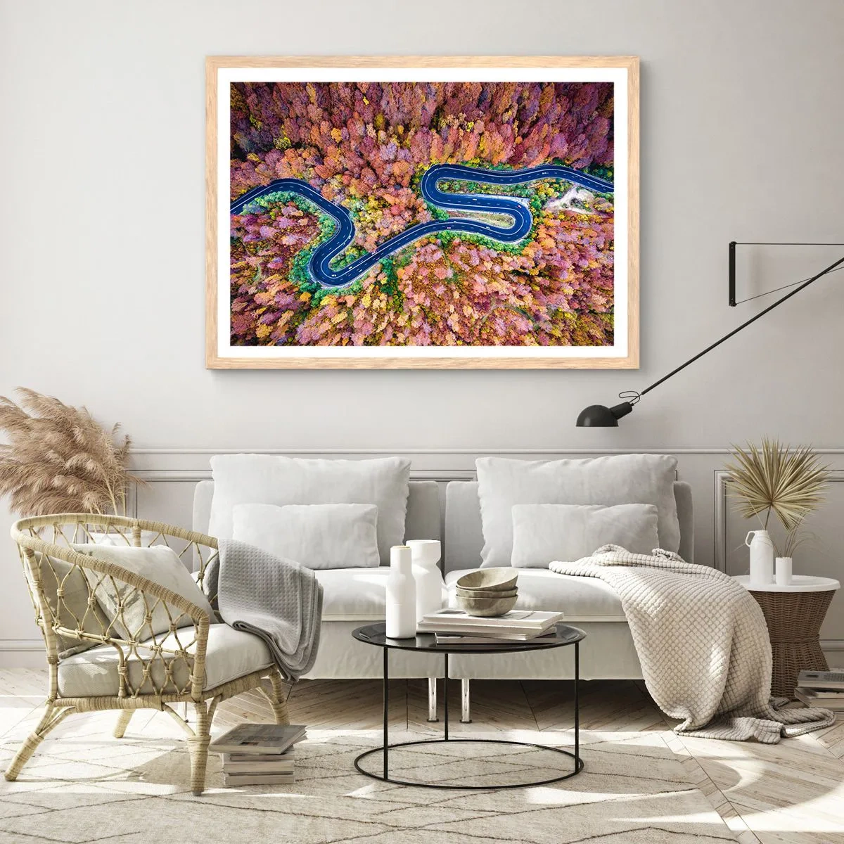 Plakát v rámu světlý dub - Klikatá cesta lesem - 70x50 cm