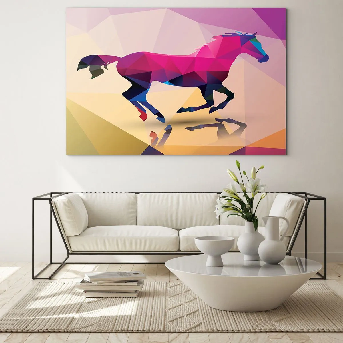 Obraz na skle - Geometrický kůň v barevné abstrakci - 70x50cm - Kubismus stále živý - Moderní nástěnná dekorace do obývacího pokoje a ložnice ARTTOR