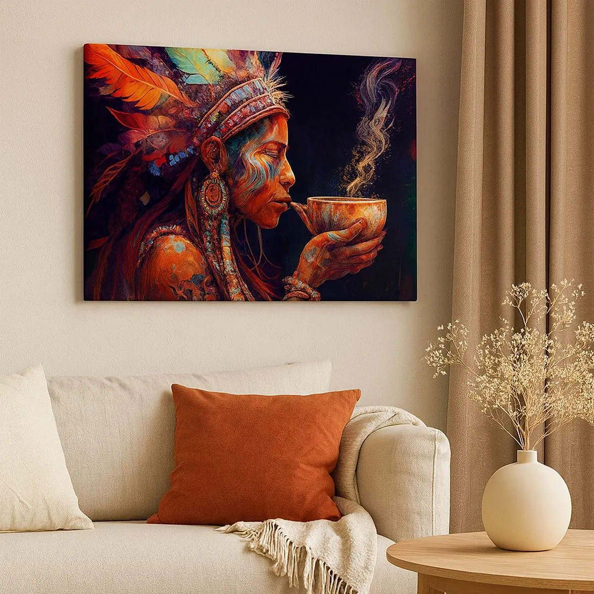 Obraz na plátně - Barevná postava v etnickém stylu s šálkem horkého nápoje - 70x50cm - Magický rituál - Moderní nástěnná dekorace do obývacího pokoje a ložnice ARTTOR