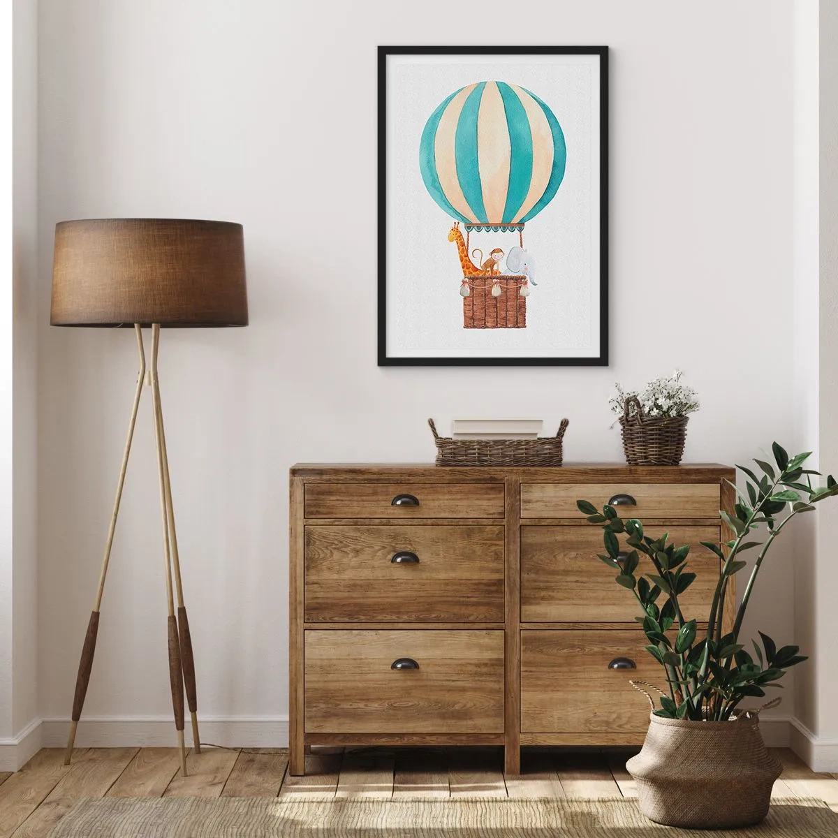Plakát v černém rámu - Akvarelová ilustrace horkovzdušného balónu s roztomilými zvířátky - 50x70cm - Fantastický výlet - Moderní nástěnná dekorace do obývacího pokoje a ložnice ARTTOR