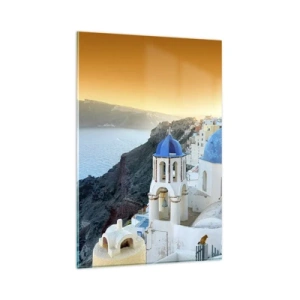 Obraz na skle - Santorini - přitulené ke skalám - 80x120 cm